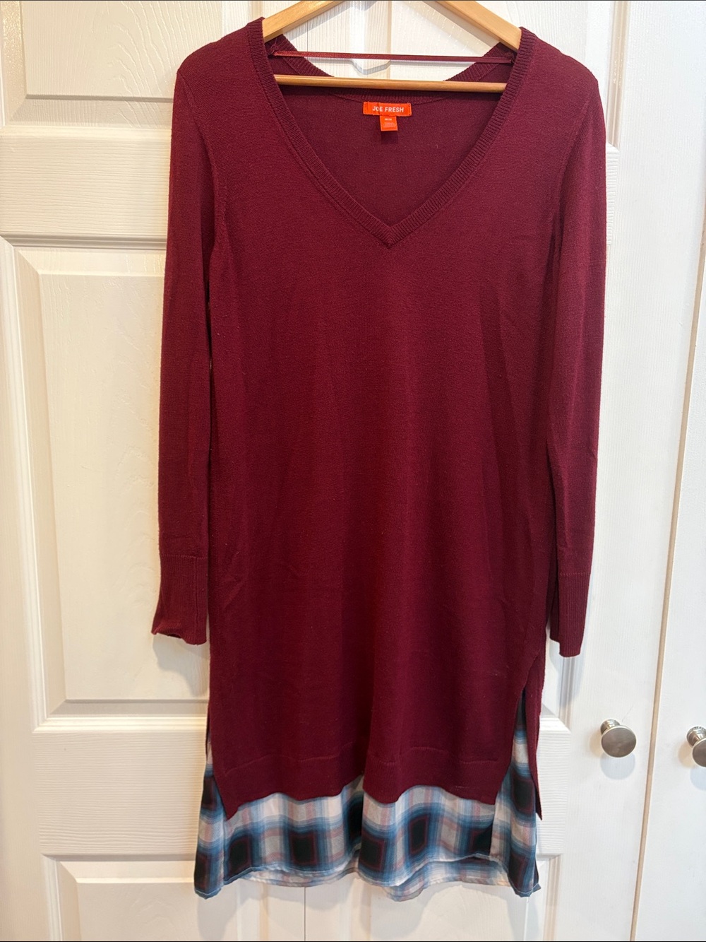Joe Fresh Women's V-Neck Long Sleeve Sweater Dress in Burgundy with Plaid Hem